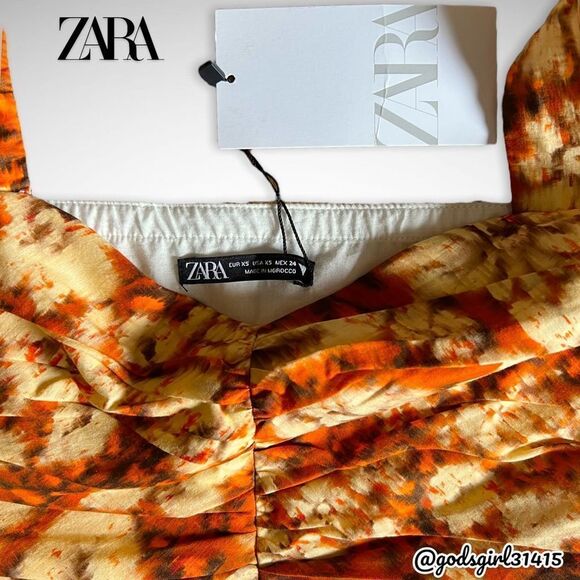 NWT Zara Printed Drape Crop Top Square Neck Orange Floral Sz XS - Picture 9 of 10
